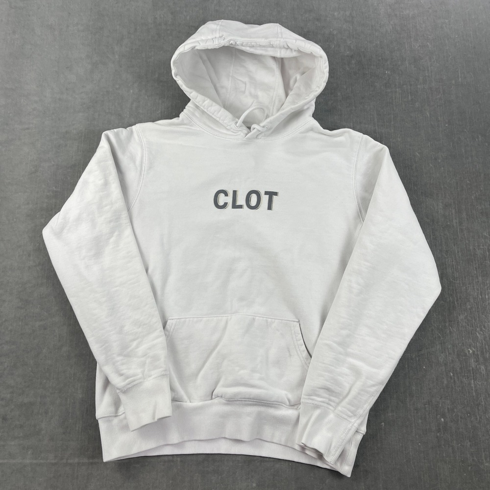 Clot Apparel Mens Medium White Pullover Hoodie‎ Graphic Streetwear Sweatshirt
